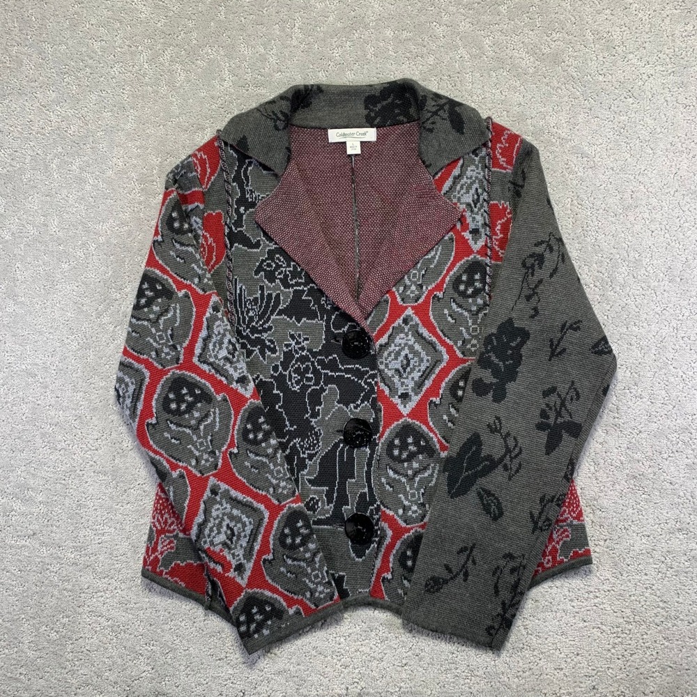 Coldwater Creek Cardigan Sweater Womens Large Wool Blend Gray Red Big Buttons